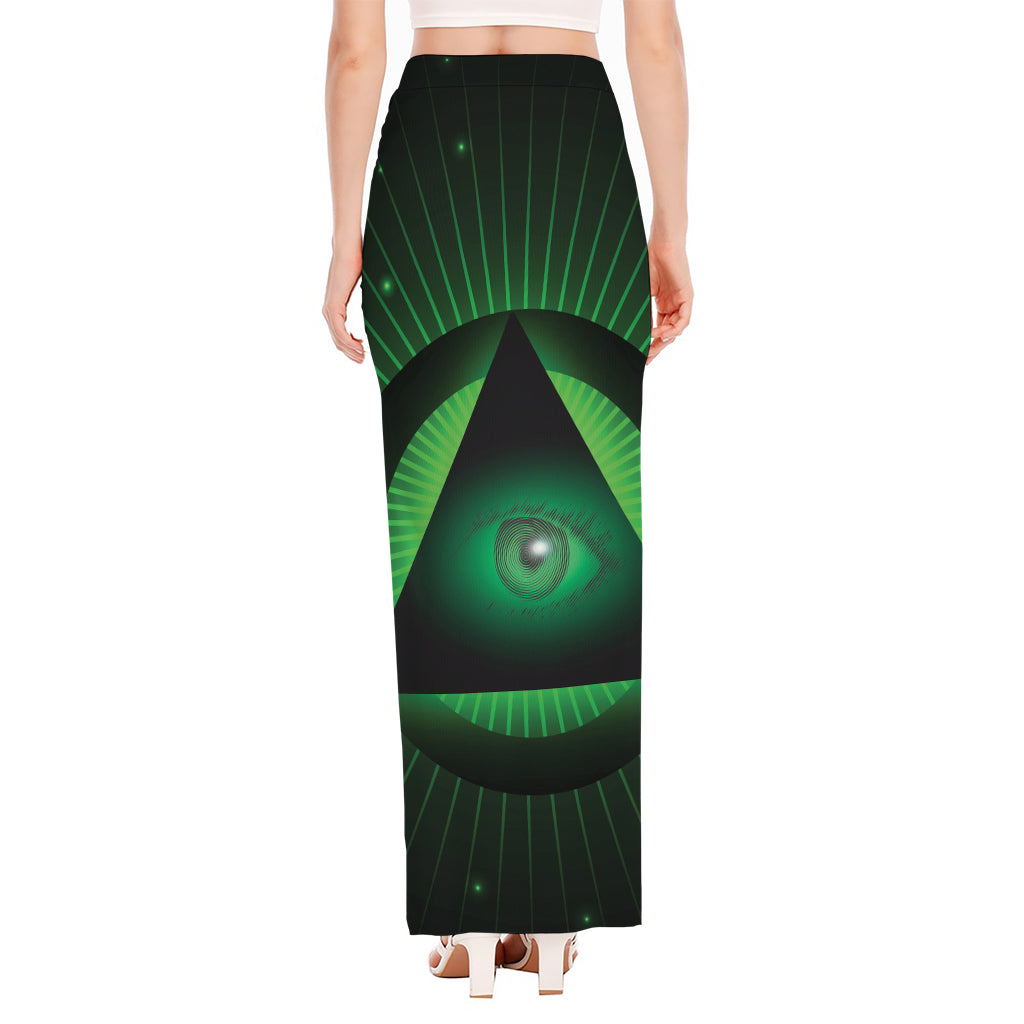 Green Masonic Eye Print High Slit Maxi Skirt