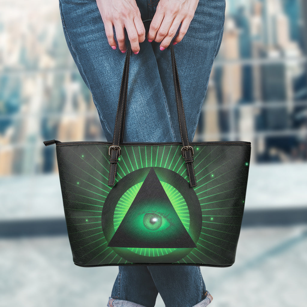 Green Masonic Eye Print Leather Tote Bag