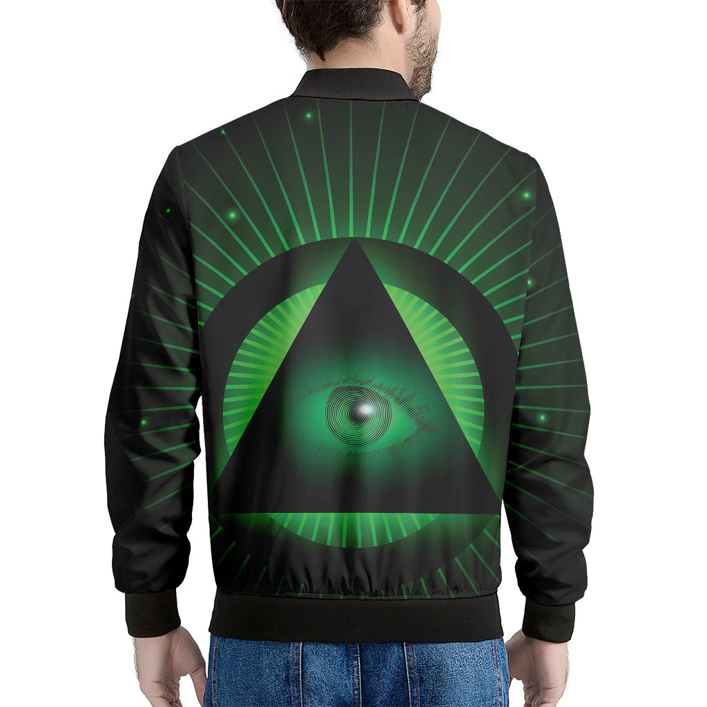 Green Masonic Eye Print Men's Bomber Jacket