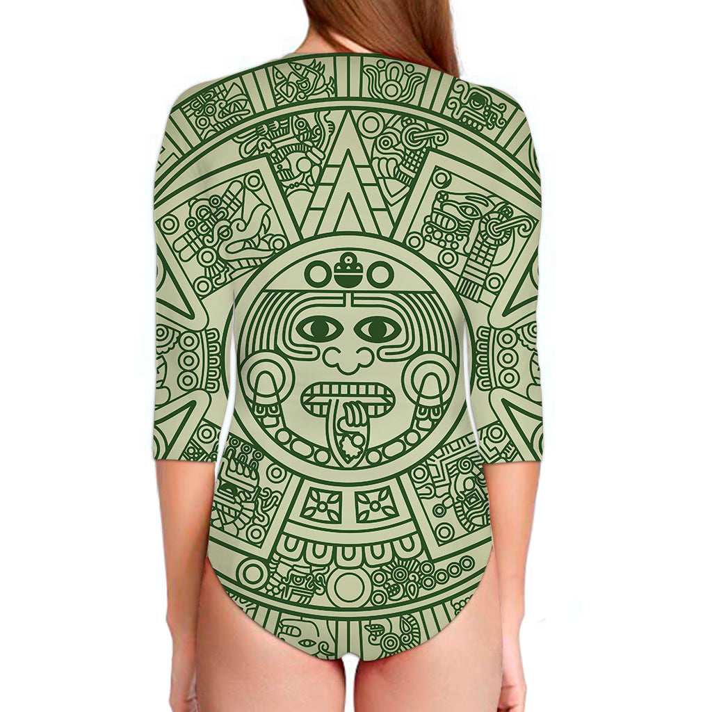 Green Maya Calendar Print Long Sleeve Swimsuit