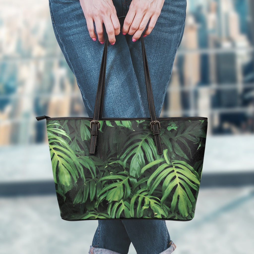 Green Monstera Leaf Print Leather Tote Bag