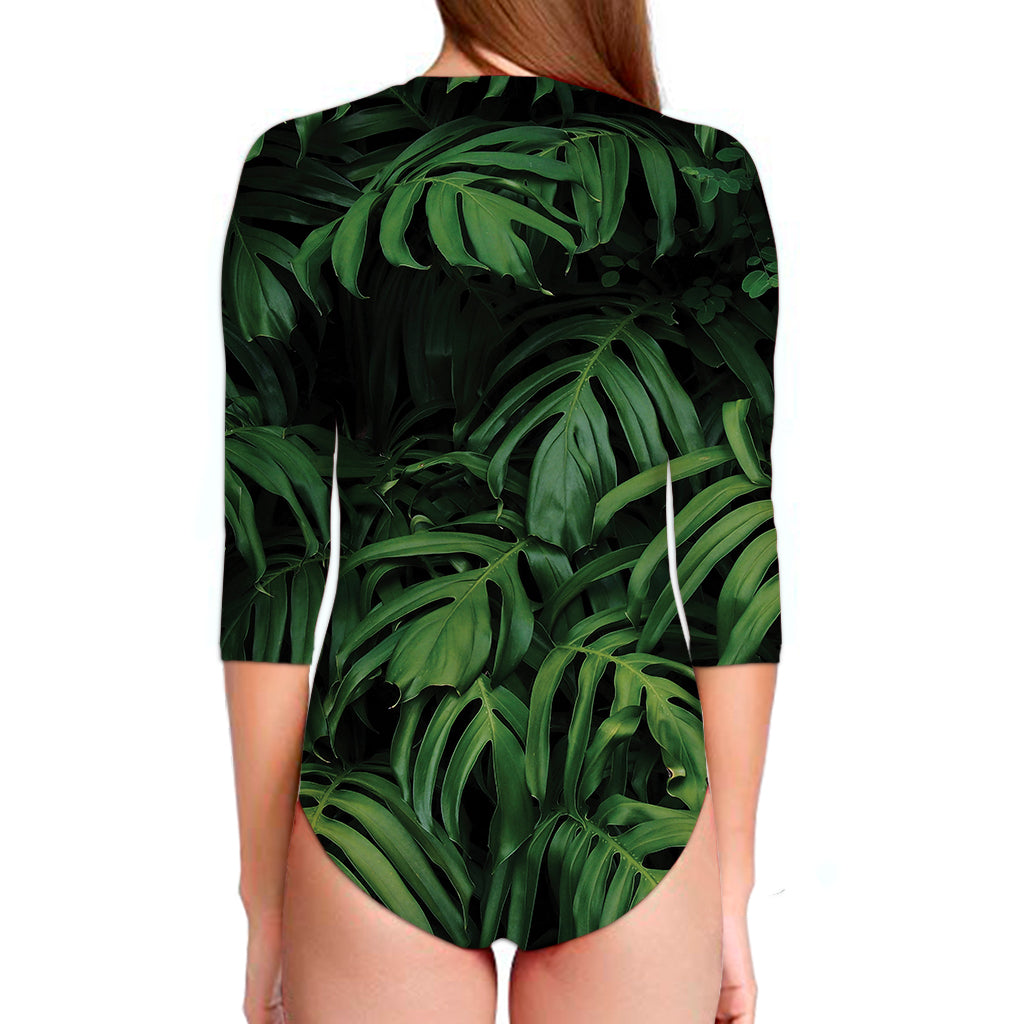 Green Monstera Leaf Print Long Sleeve Swimsuit