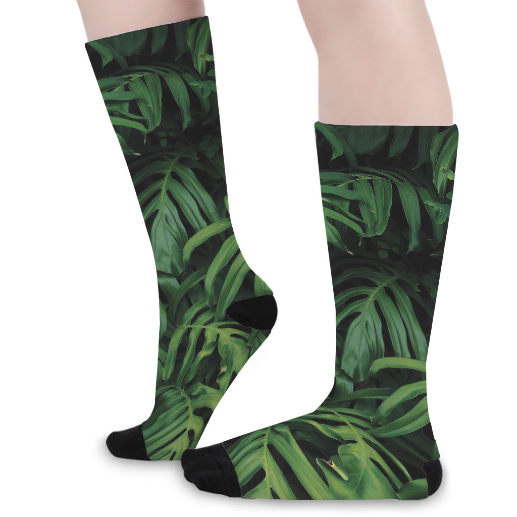 Green Monstera Leaf Print Long Socks