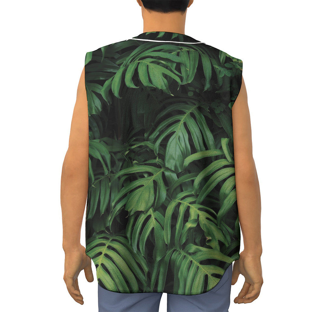 Green Monstera Leaf Print Sleeveless Baseball Jersey