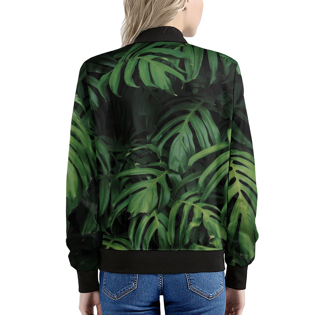 Green Monstera Leaf Print Women's Bomber Jacket
