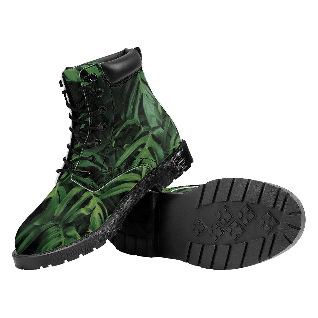 Green Monstera Leaf Print Work Boots