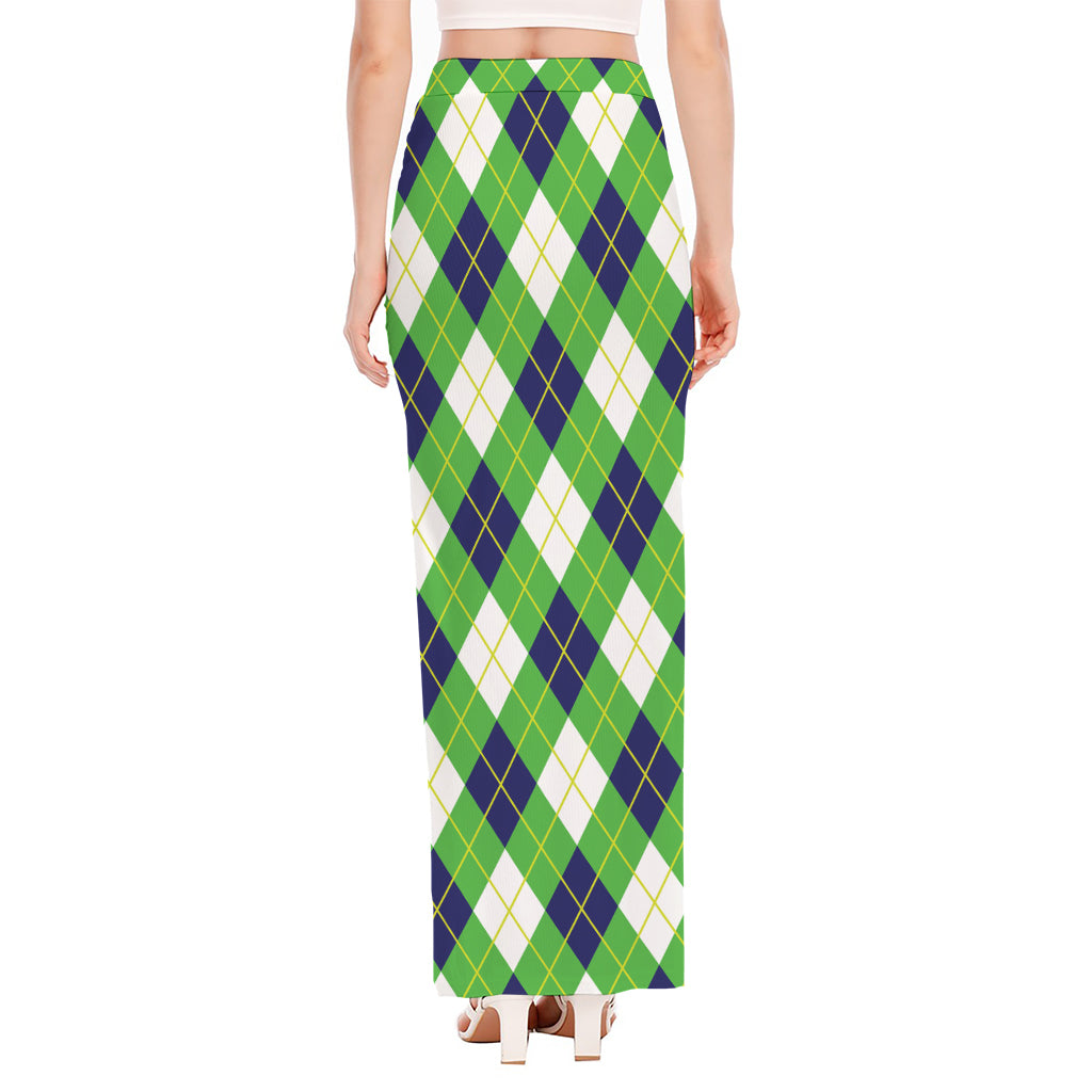 Green Navy And White Argyle Print High Slit Maxi Skirt