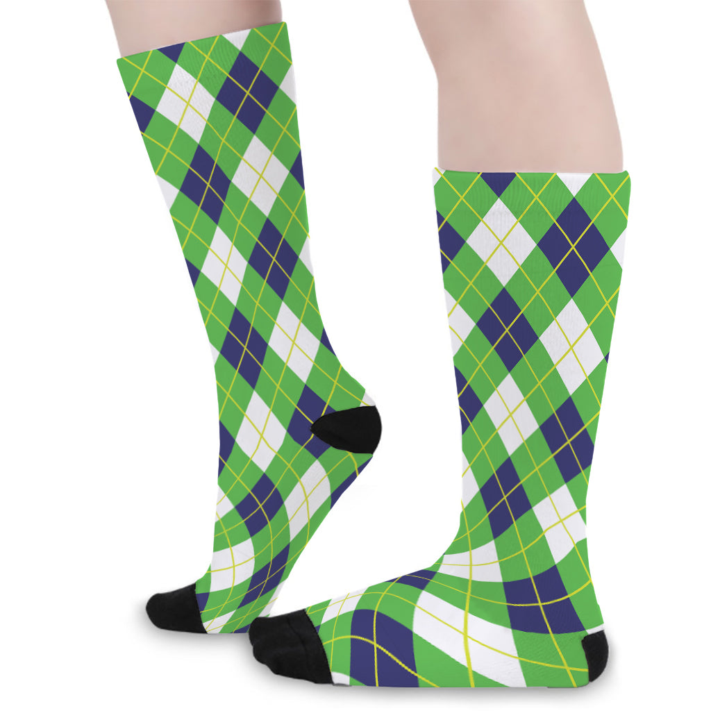 Green Navy And White Argyle Print Long Socks