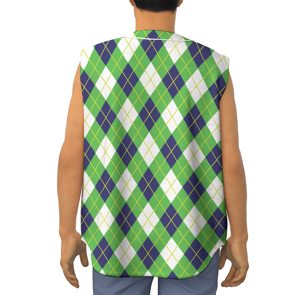 Green Navy And White Argyle Print Sleeveless Baseball Jersey