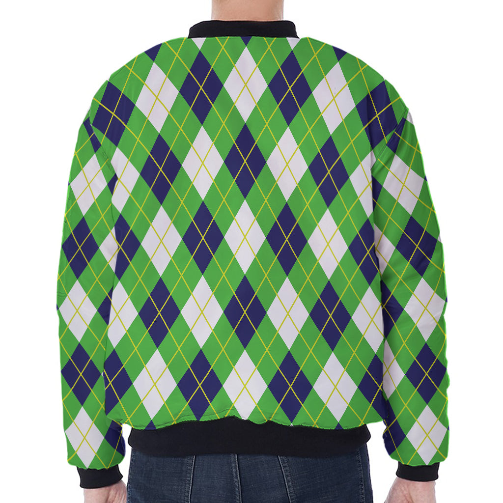 Green Navy And White Argyle Print Zip Sleeve Bomber Jacket