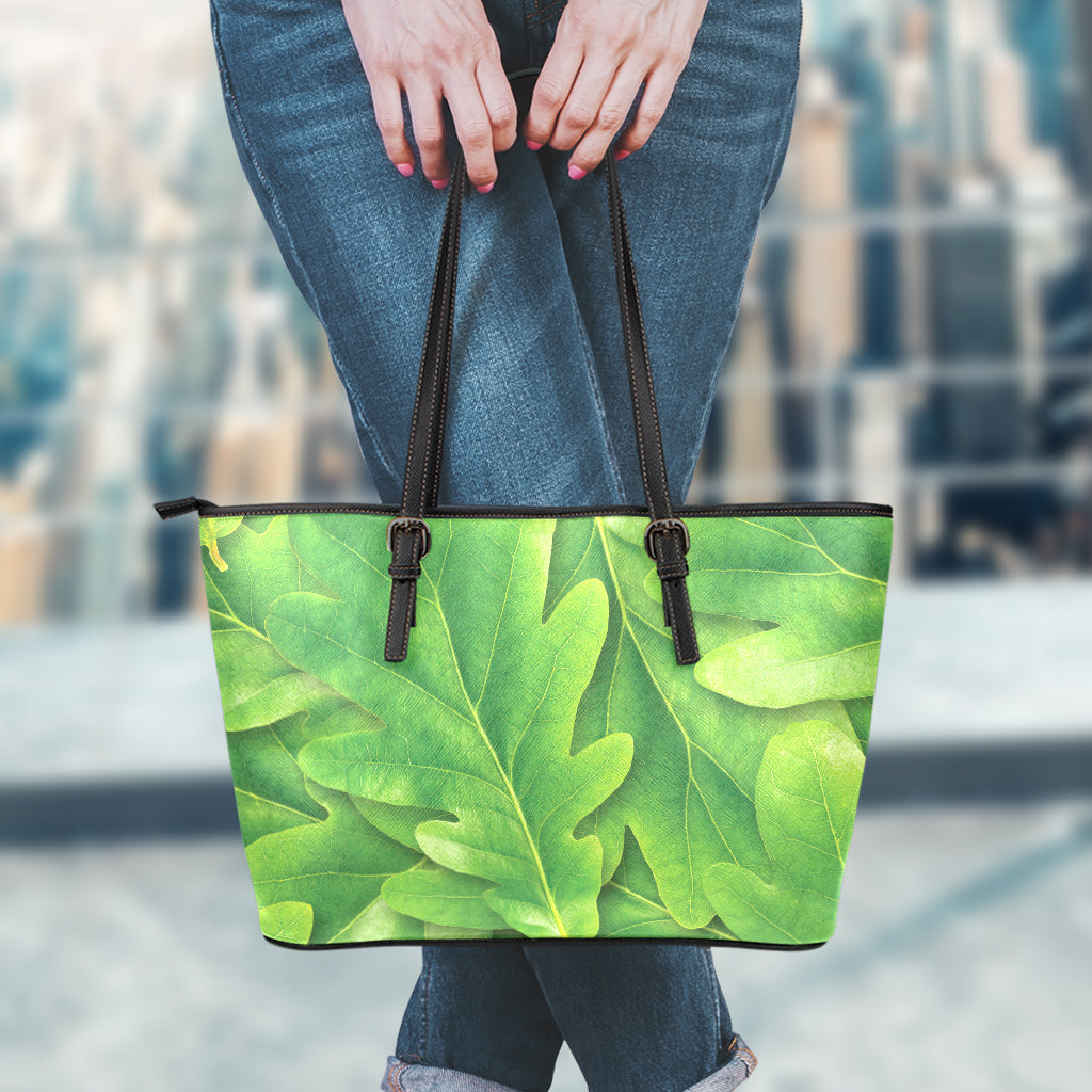Green Oak Leaf Print Leather Tote Bag