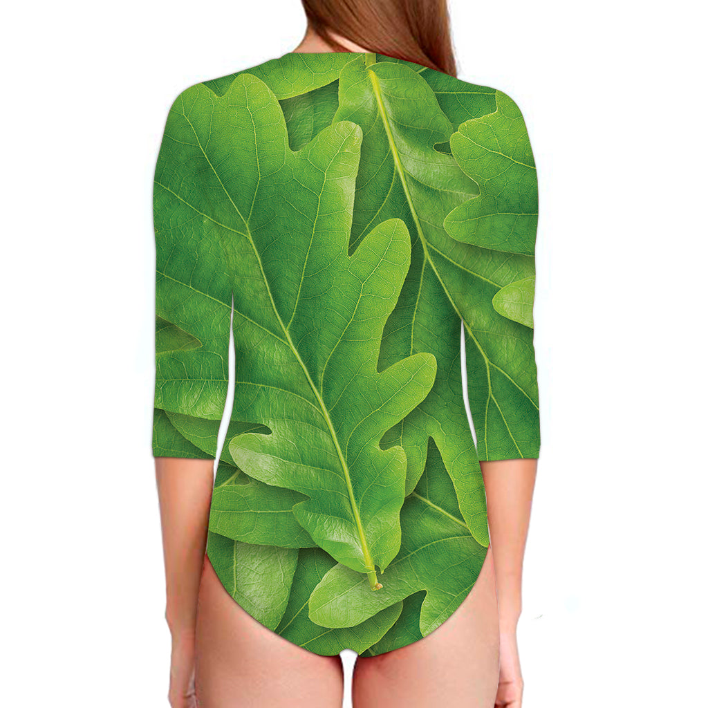 Green Oak Leaf Print Long Sleeve Swimsuit