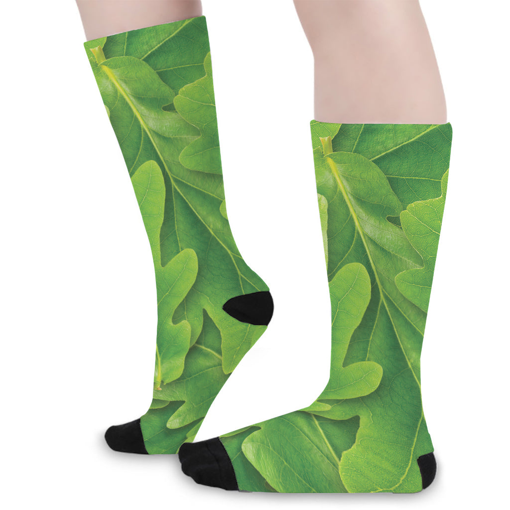 Green Oak Leaf Print Long Socks
