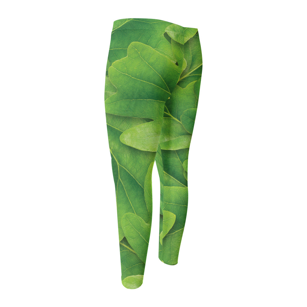 Green Oak Leaf Print Men's Compression Pants