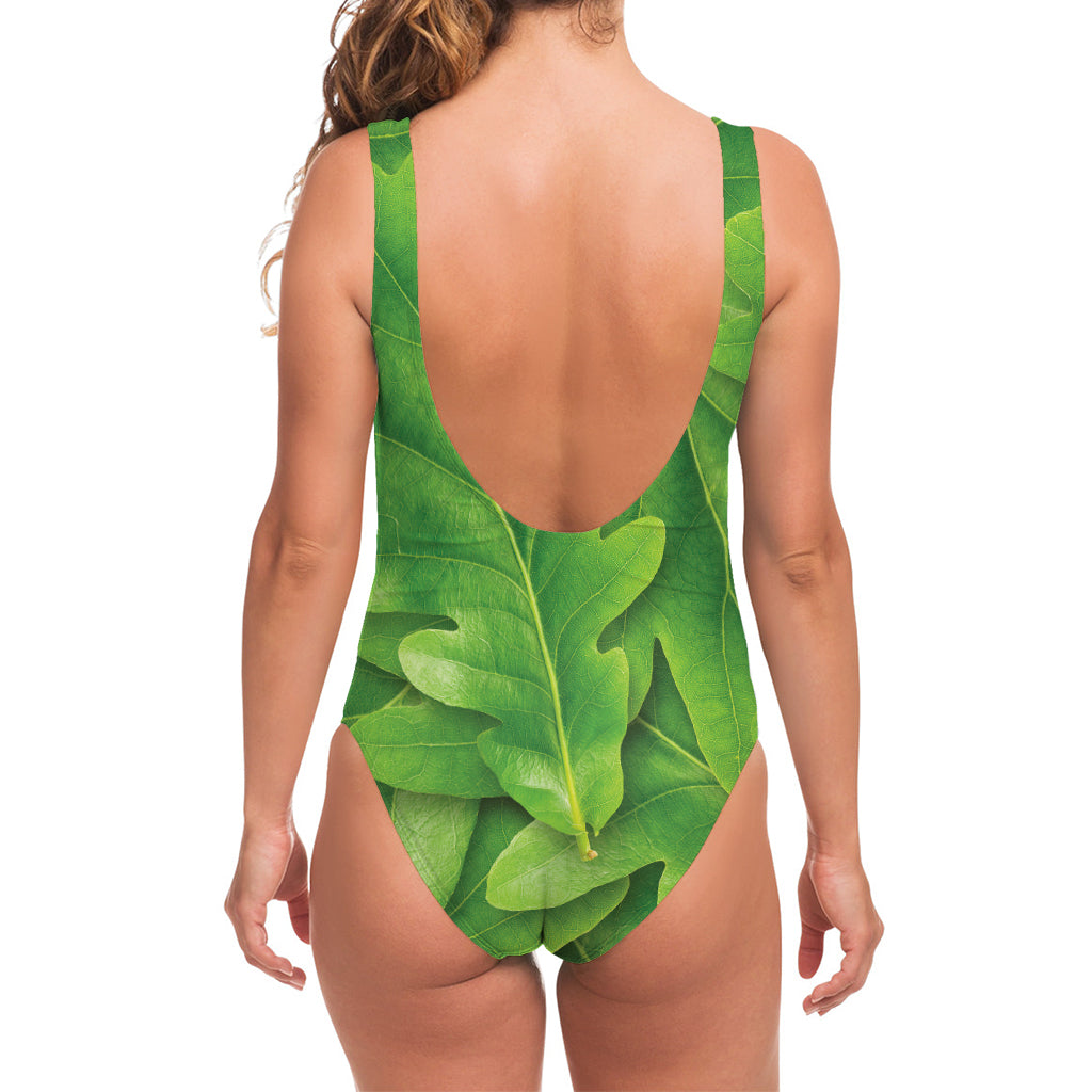 Green Oak Leaf Print One Piece Swimsuit