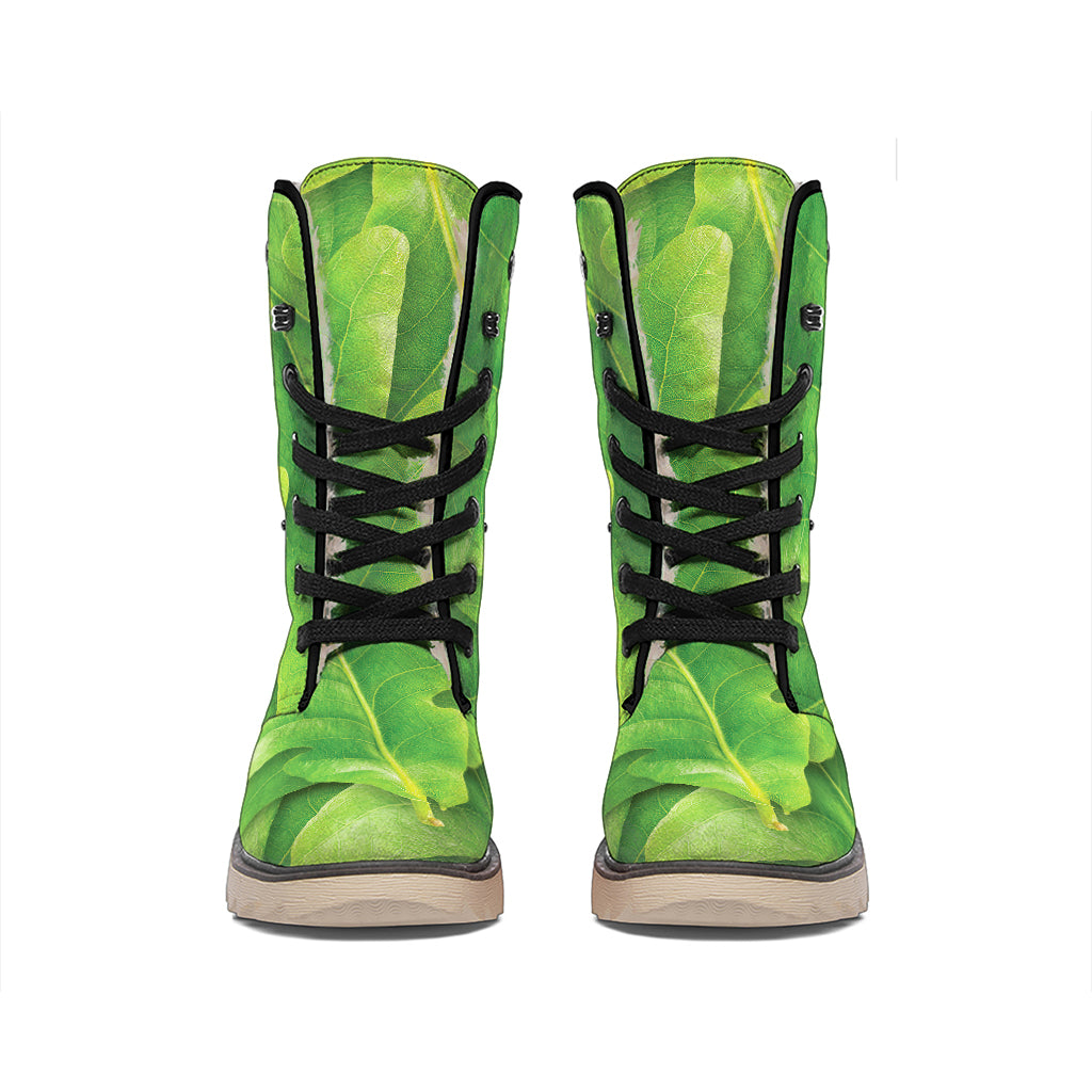 Green Oak Leaf Print Winter Boots