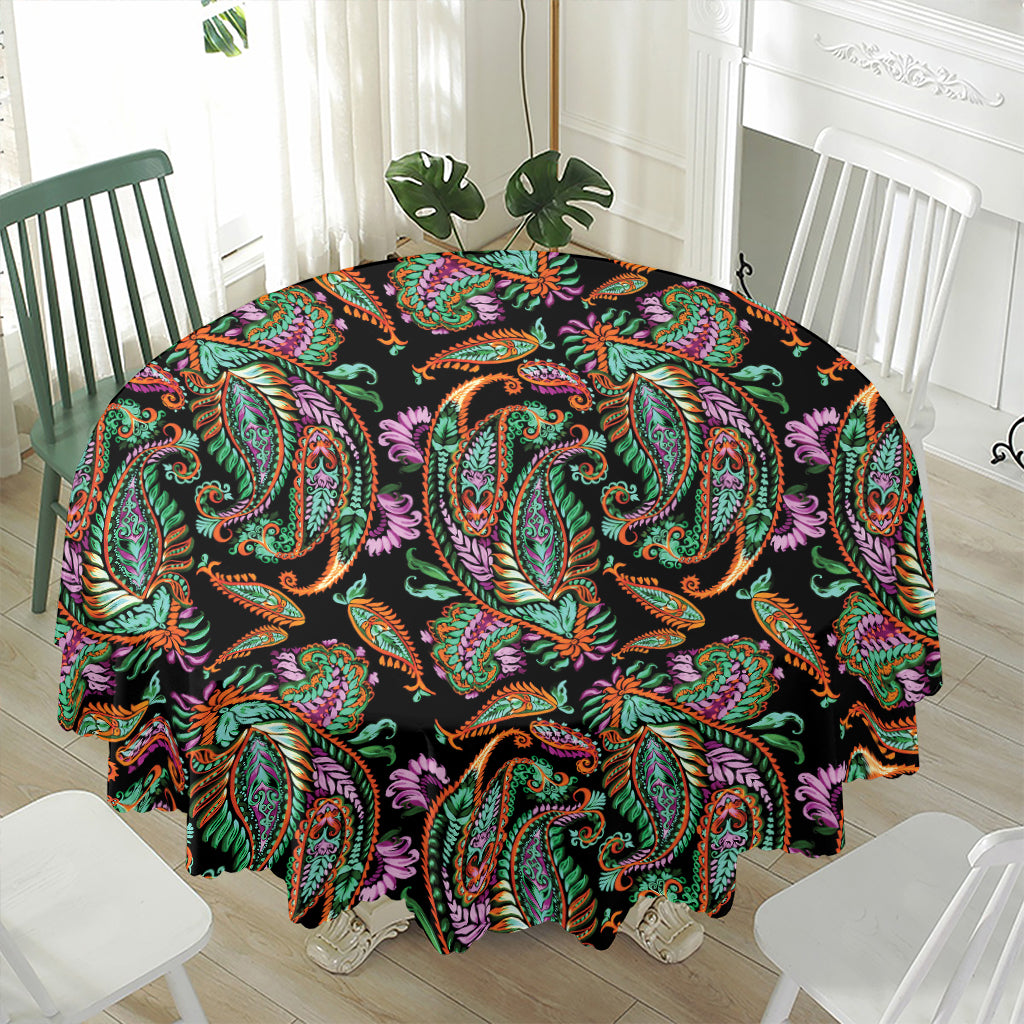 Green Orange And Pink Paisley Print Waterproof Round Tablecloth