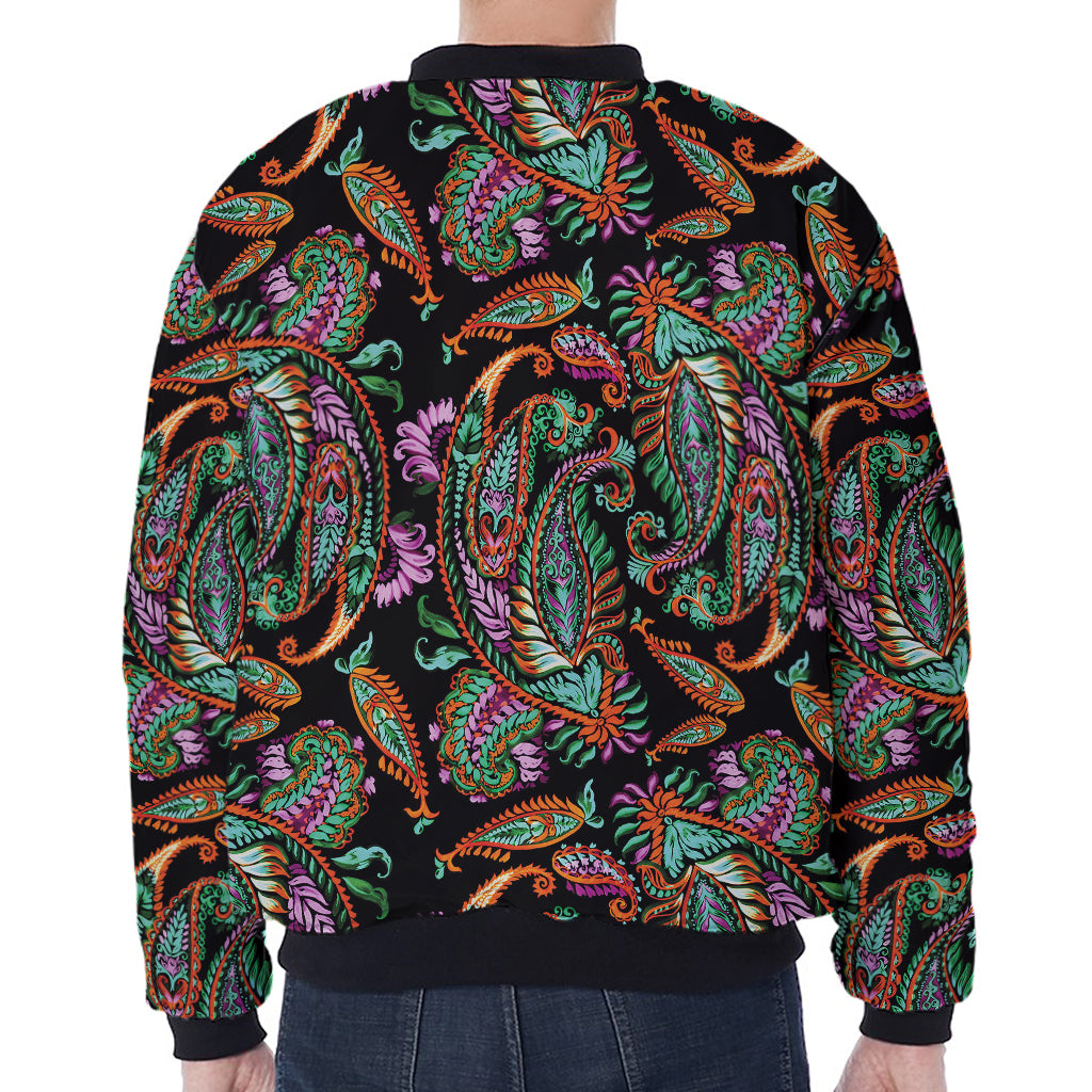 Green Orange And Pink Paisley Print Zip Sleeve Bomber Jacket
