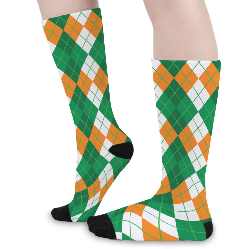 Green Orange And White Argyle Print Long Socks
