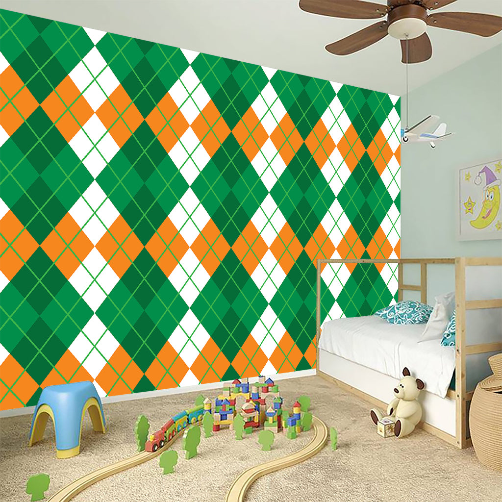 Green Orange And White Argyle Print Wall Sticker