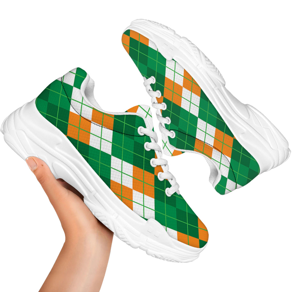Green Orange And White Argyle Print White Chunky Shoes