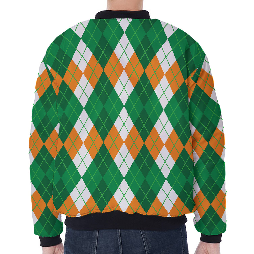 Green Orange And White Argyle Print Zip Sleeve Bomber Jacket