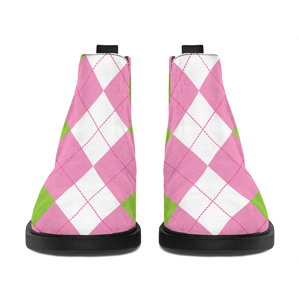 Green Pink And White Argyle Print Flat Ankle Boots