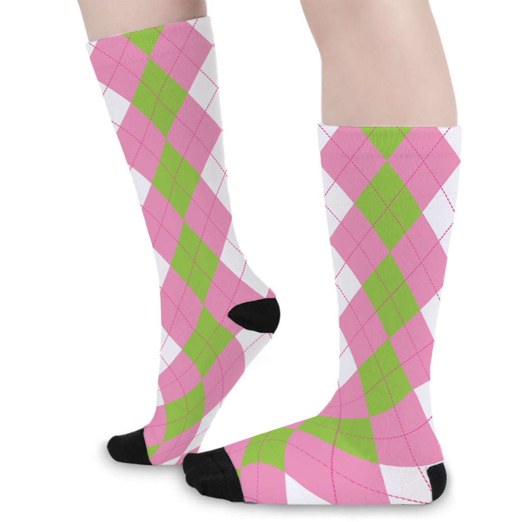 Green Pink And White Argyle Print Long Socks