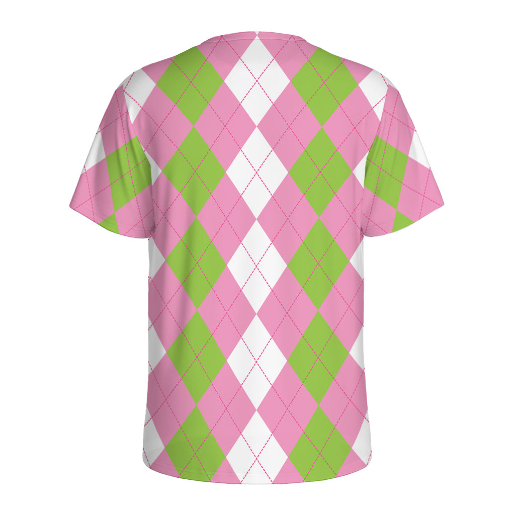 Green Pink And White Argyle Print Men's Sports T-Shirt
