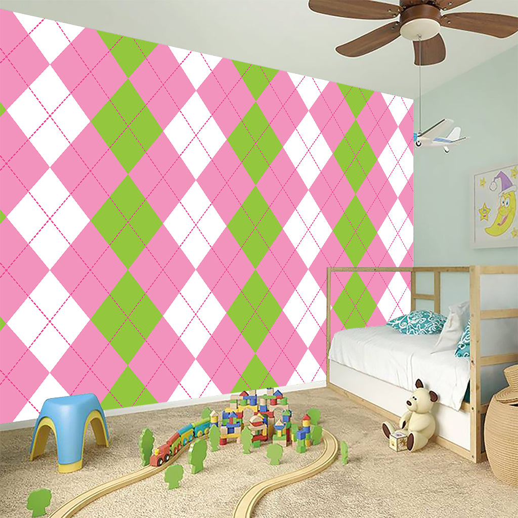 Green Pink And White Argyle Print Wall Sticker