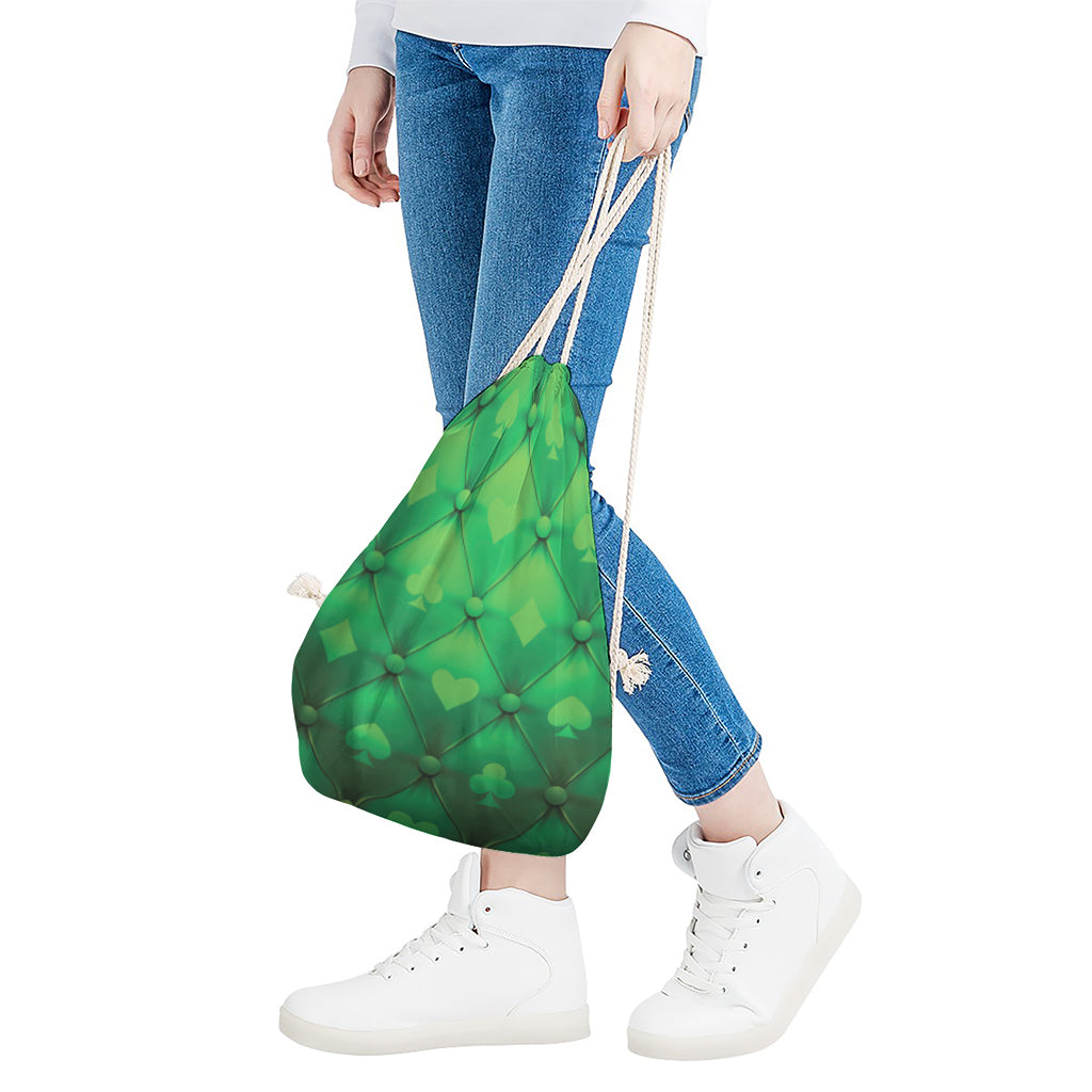Green Playing Card Suits Pattern Print Drawstring Bag