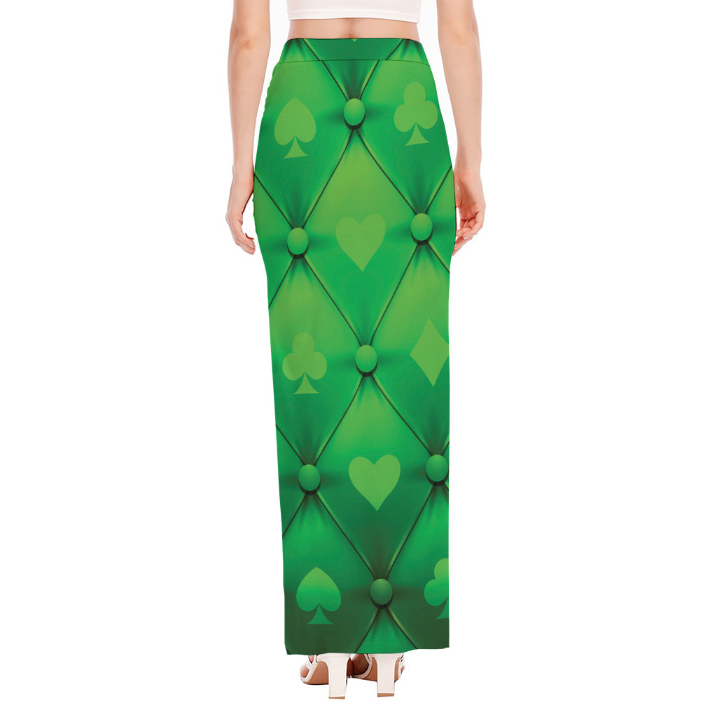 Green Playing Card Suits Pattern Print High Slit Maxi Skirt