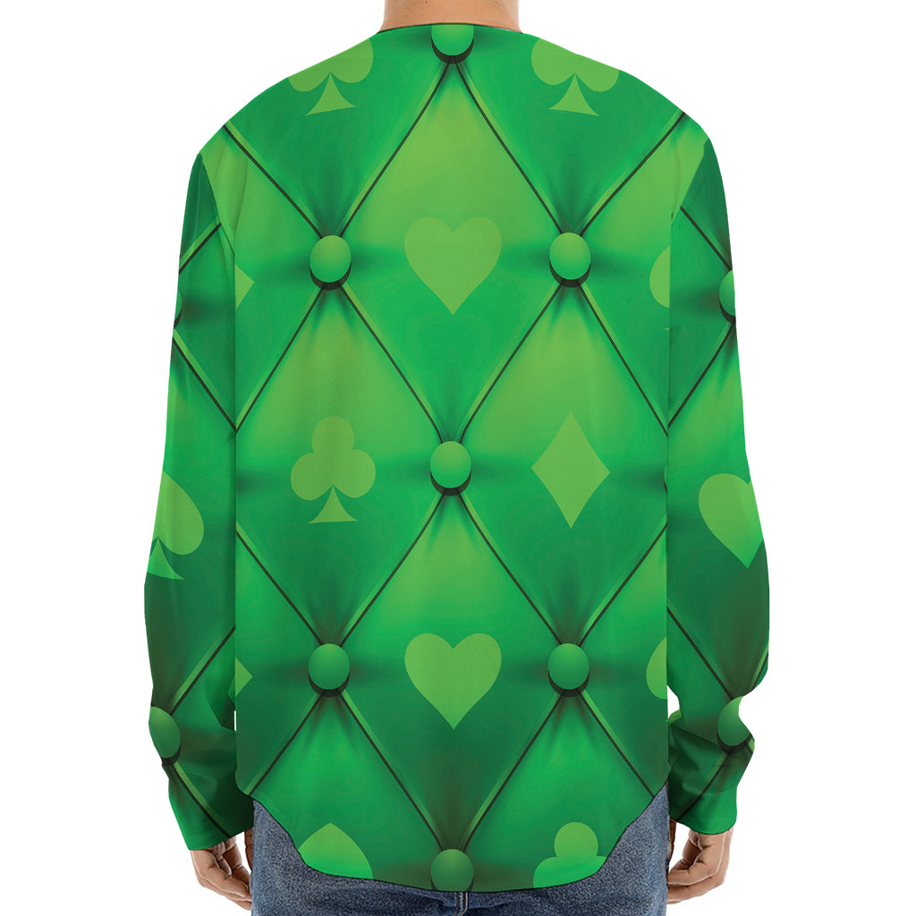 Green Playing Card Suits Pattern Print Long Sleeve Baseball Jersey