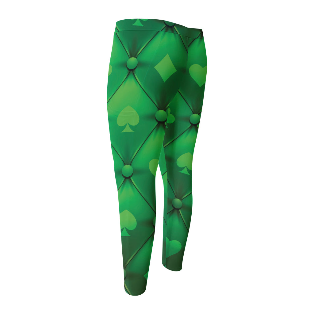 Green Playing Card Suits Pattern Print Men's Compression Pants
