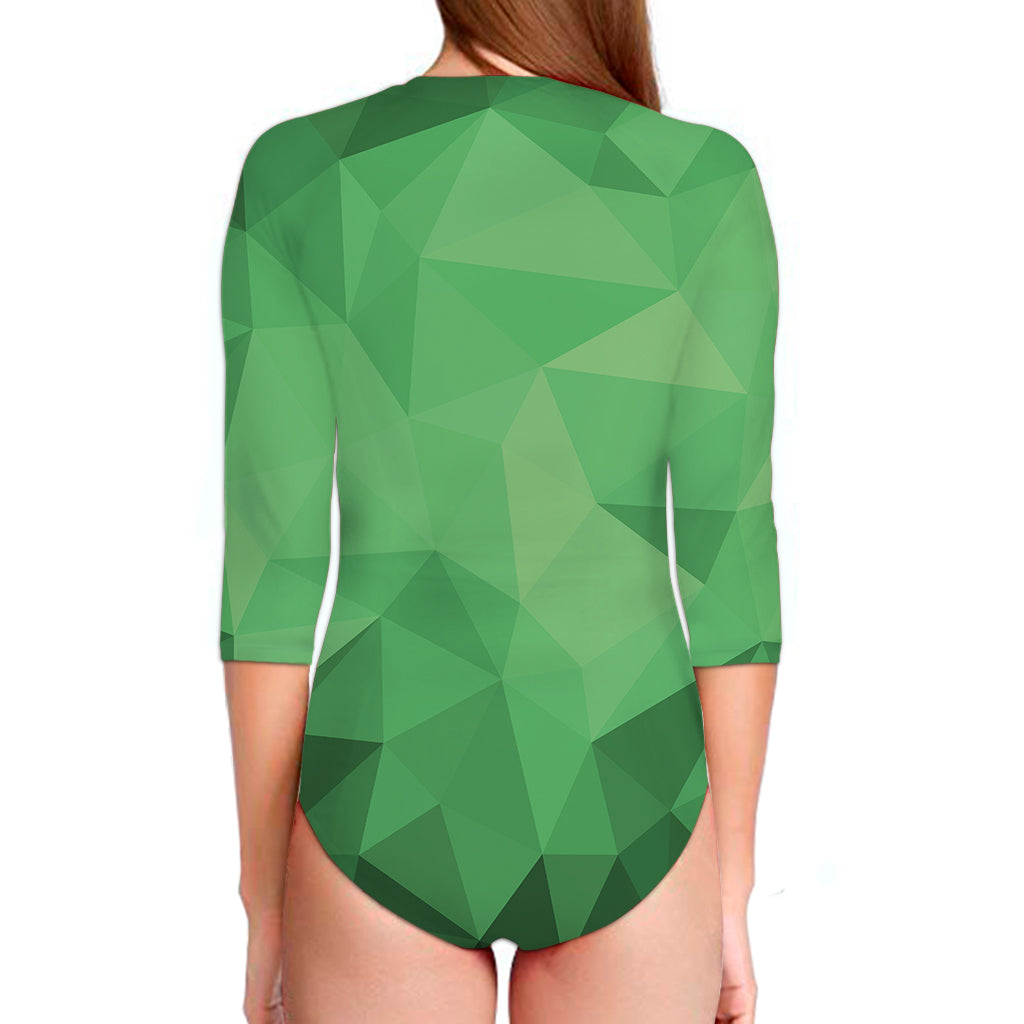Green Polygonal Geometric Print Long Sleeve Swimsuit
