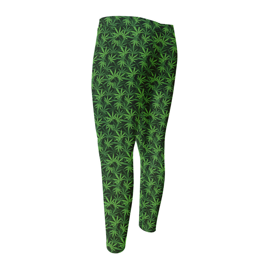 Green Pot Leaf Pattern Print Men's Compression Pants