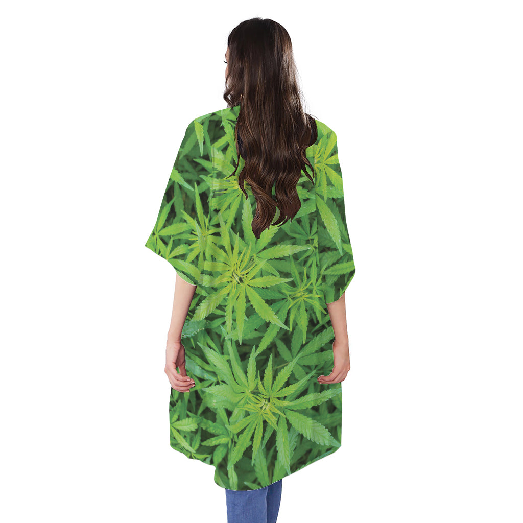 Green Pot Leaf Print Open Front Beach Cover Up
