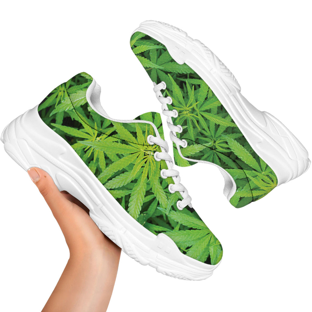 Green Pot Leaf Print White Chunky Shoes