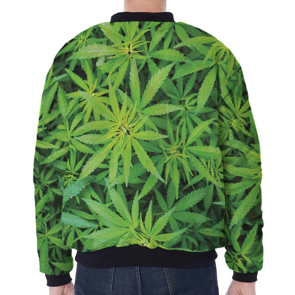 Green Pot Leaf Print Zip Sleeve Bomber Jacket