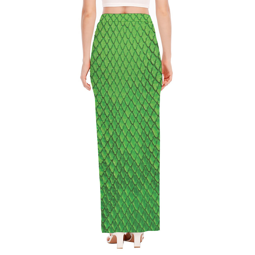 Green Python Snakeskin Print High Slit Maxi Skirt