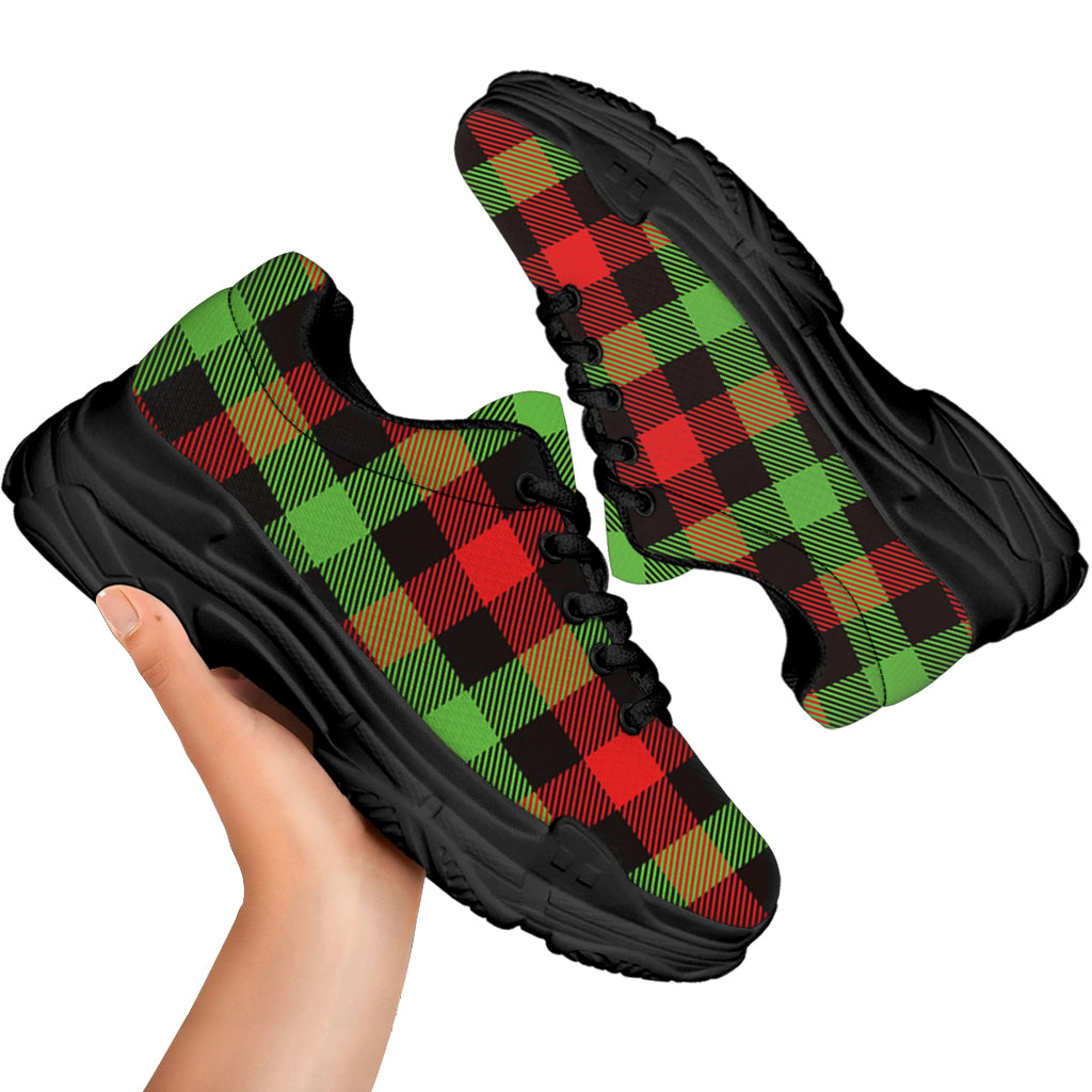 Green Red And Black Buffalo Plaid Print Black Chunky Shoes