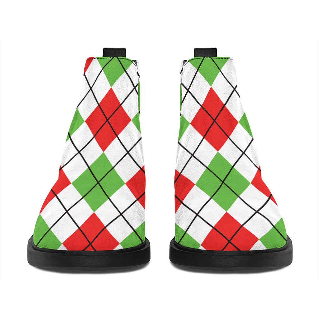 Green Red And White Argyle Pattern Print Flat Ankle Boots