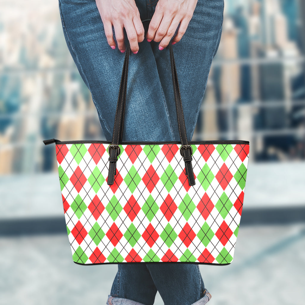 Green Red And White Argyle Pattern Print Leather Tote Bag