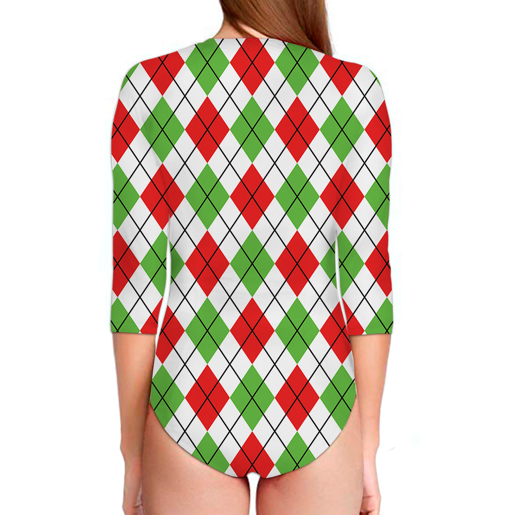 Green Red And White Argyle Pattern Print Long Sleeve Swimsuit