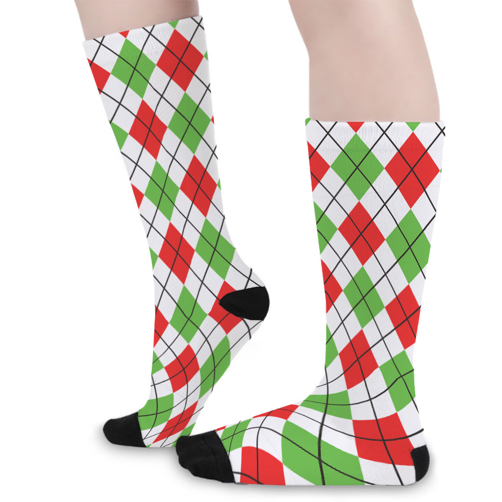 Green Red And White Argyle Pattern Print Long Socks