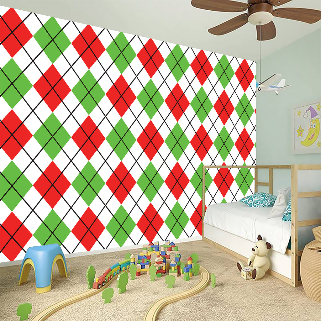 Green Red And White Argyle Pattern Print Wall Sticker