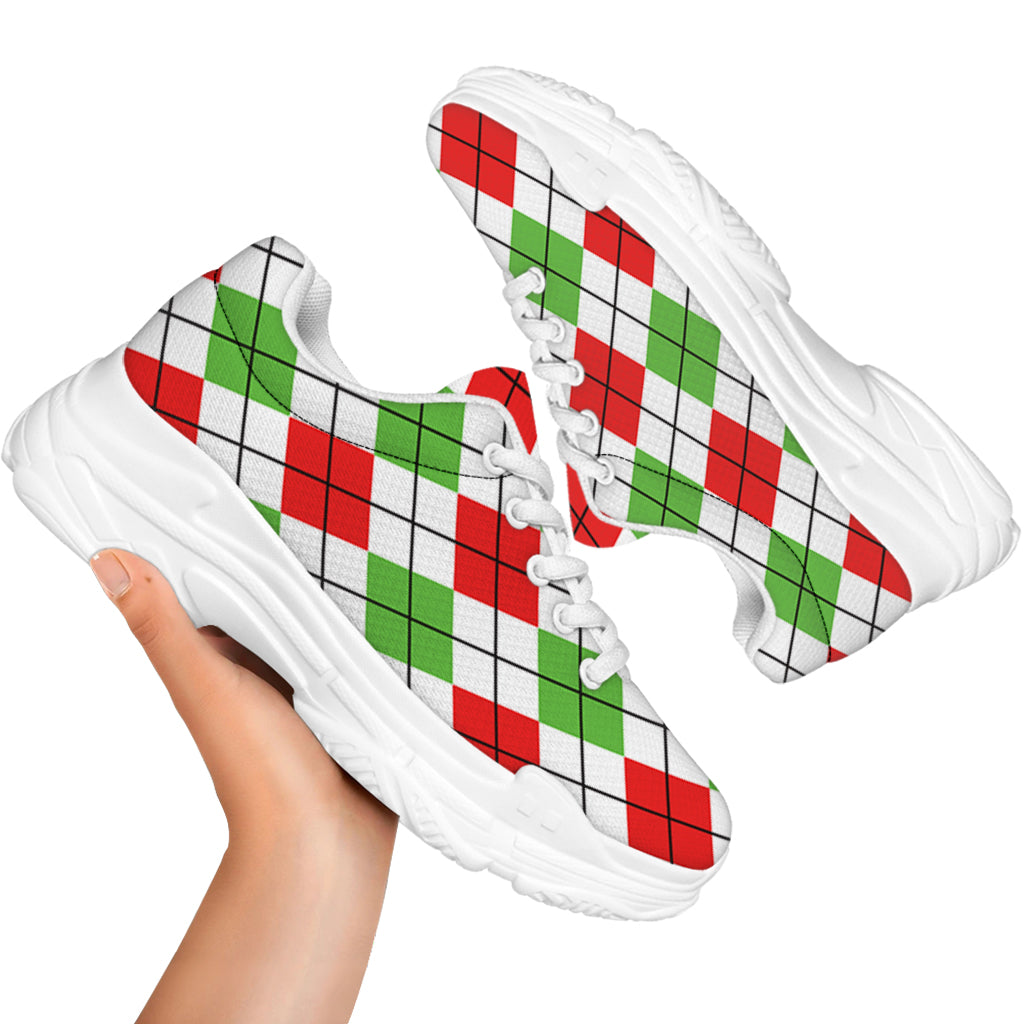 Green Red And White Argyle Pattern Print White Chunky Shoes