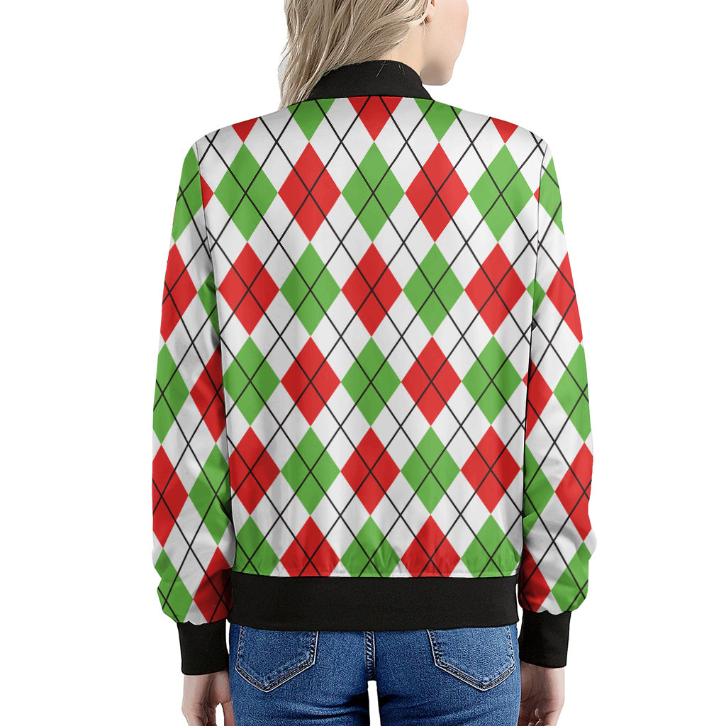 Green Red And White Argyle Pattern Print Women's Bomber Jacket
