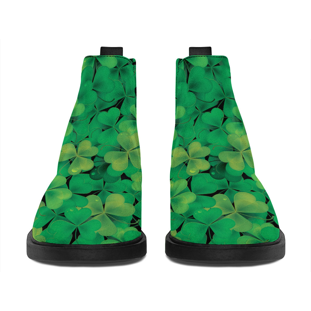 Green Shamrock Leaf Pattern Print Flat Ankle Boots