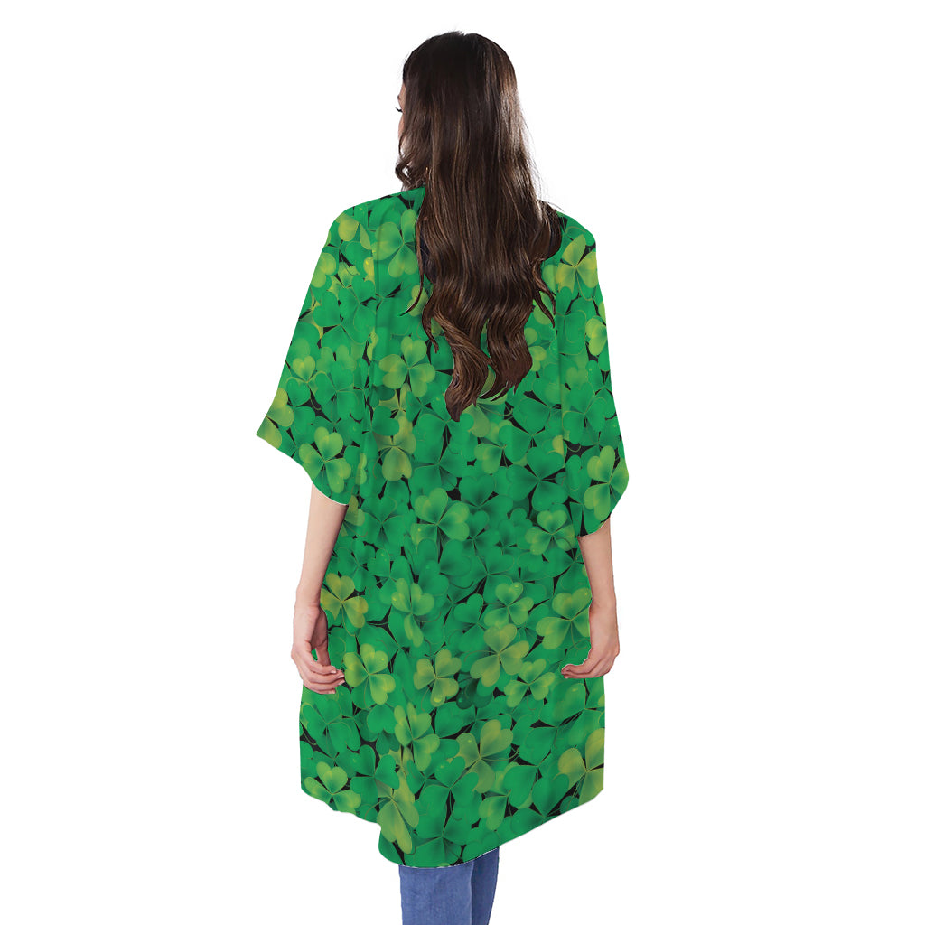Green Shamrock Leaf Pattern Print Open Front Beach Cover Up